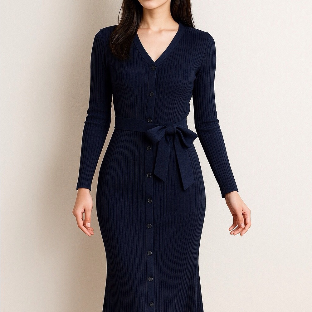 MOUSSY BLACK NWT Navy Ribbed Rayon Belted Maxi Dress Free Size Japanese